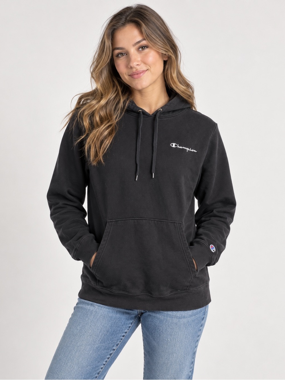 Champion Authentic Athleticwear Black Pullover Hoodie Size M Logo Sweatshirt